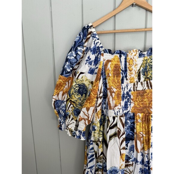 INC Dress 2X Printed Smocked Tiered Puff Sleeve Flowy Maxi Cotton Blue Gold - Picture 4 of 7